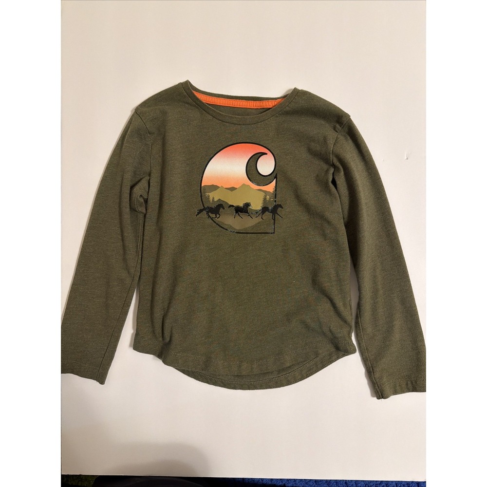 Carhartt Girls 4T Long Sleeve Shirt Olive Green Horse Mountain Graphic Tee